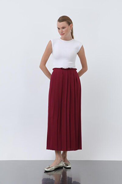 Puane تنورة نسائية بطيات -18233ETK - عنابي