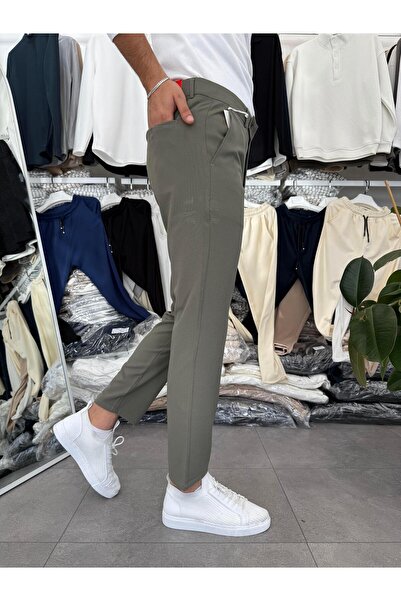 Butik %100 Likralı Slimfit Dil Detaylı Kumaş Pantolon Çağla Yeşili