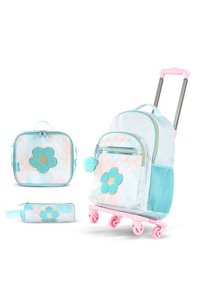 Eazy Kids مجموعة من 4 حقائب ظهر مقاس 18 بوصة مع عربة بأربع عجلات وحقيبة غداء وحافظة أقلام - لون أخضر فلورا