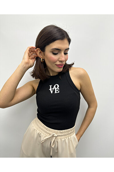 deqfashion Kadın Siyah Fitilli Love Yazılı Halter Yaka Atlet