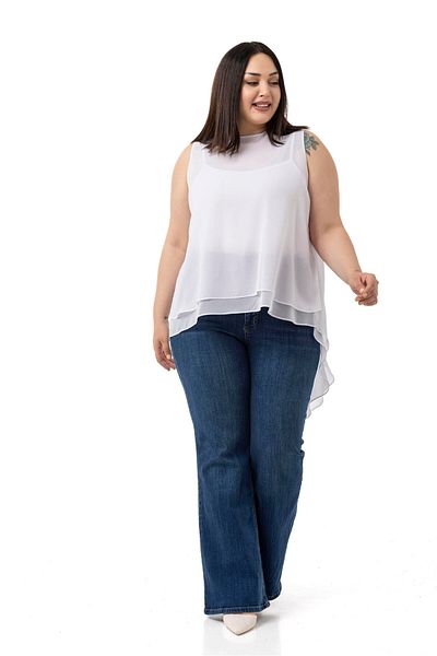 DISENTIS MODEST Large Size Back Button Asymmetrical Cut Double Layer Chiffon White Blouse