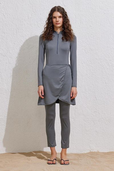 KADRİYE BAŞTÜRK Gray Hijab Swimsuit - Connectable Skirt