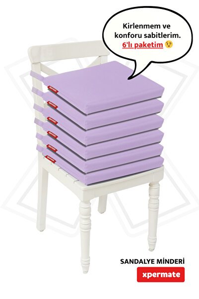 XPERMATE Fermuarlı 6'lı Sandalye Minderi Su Itici Kumaş 40x40 Cm Sünger Sandalye Minderi Bağcıklı Lila