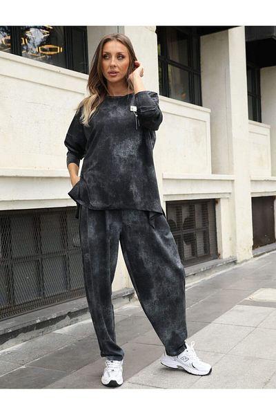 QİMYA BUTİK Women's Crest Detailed Tie-Dye Patterned Loose Curved Top & Loose Trousers Combed Cotton Double Set