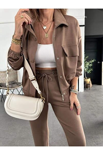 QİMYA BUTİK Exotic Asortic for Women - Modal Suit with Astronaut Collar and Large Pocket Skinny Leg Trousers