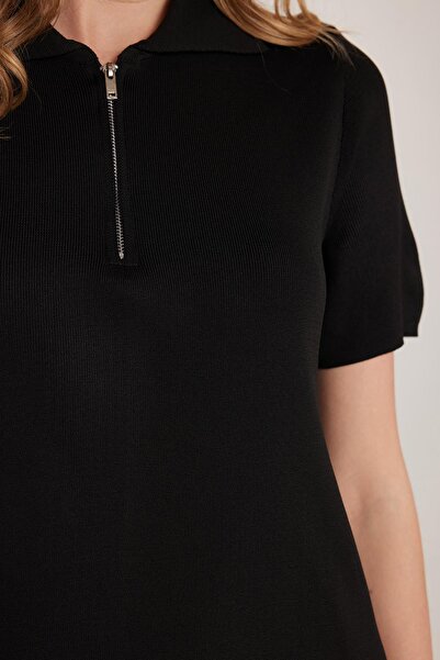 Tudors Kadın Standart Fit Kısa Kollu Fermuarlı Gömlek Yaka Siyah Elbise