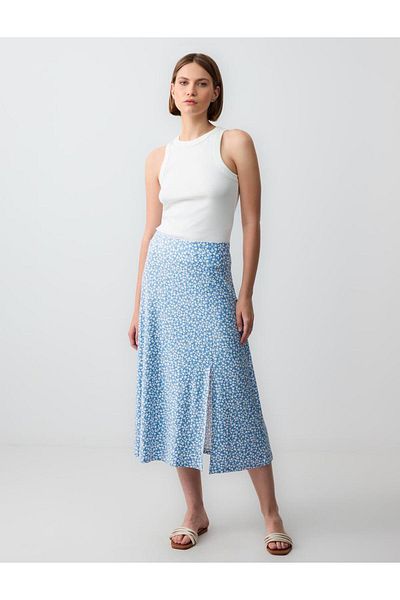 Jimmy Key Blue Floral Patterned Regular Waist Slit Midi Knitted Skirt