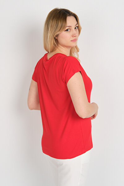 Sistas Women's Low Sleeve Single Pocket Detailed Crew Neck Blouse 24107 Red