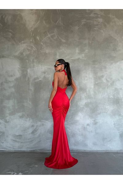 QİMYA BUTİK BIG FASHION Women's Window Drawstring Detail Halter Neck Deep Slit Stylish Dress