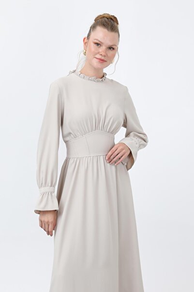 Puane Γυναικείο φόρεμα με κορσάζ στη μέση και λεπτομέρεια στο λαιμό -12614ELB - Μπεζ