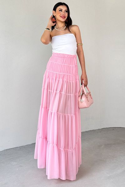 Cappmoda ETK-02338 Fusta lungă căptușită din șifon roz, cu detaliu în straturi