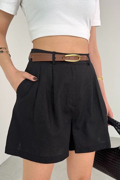 Cappmoda Şrt-16028 Black Pocket High Waist Short Linen Shorts