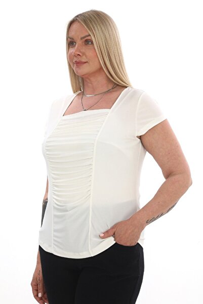 Budvaa Kadın Beyaz Kısa Kollu Drapeli Bluz