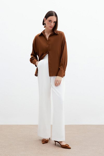Sateen قميص منقوش بخط ذاتي - بني