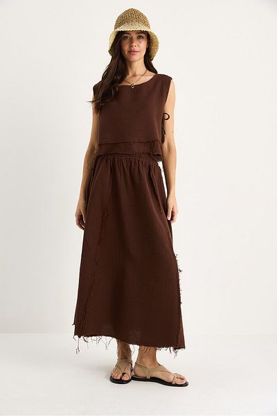 Bianco Lucci Women's Elastic Waist Skirt with Side Tie Detail Crop Muslin Bottom-Top Set 60283236