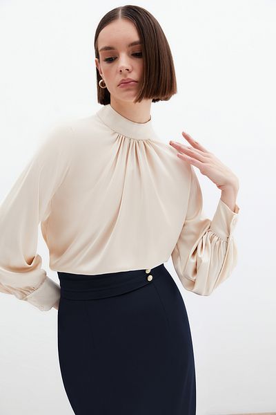 Sateen Satin Blouse with Collar Detail - Beige