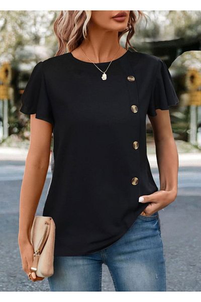 MRA Fashion Women's Short Sleeve Crew Neck Side Button Viscose Blouse