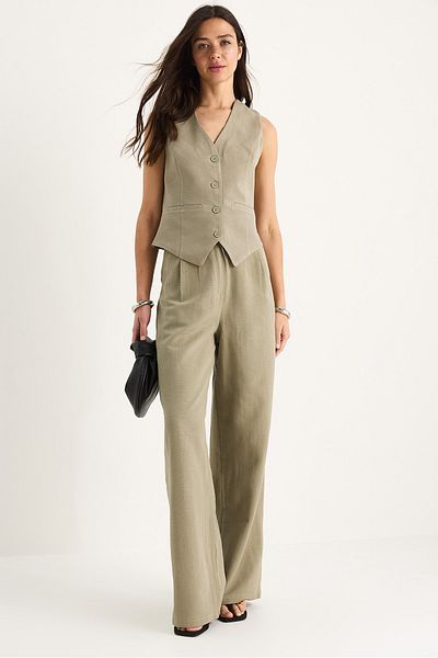 Bianco Lucci Women Linen Vest High Waist Pants Suit Bottom-Top 9257 60281047