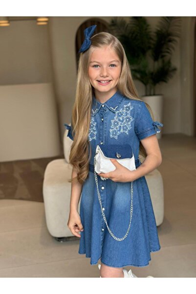 ugurbocegicocukdunyası Κοριτσίστικο φόρεμα 5 τεμαχίων με μοντέρνο σχέδιο, με λεπτομέρεια κεντήματος, κομψό και άνετο τζιν φόρεμα με ζώνη