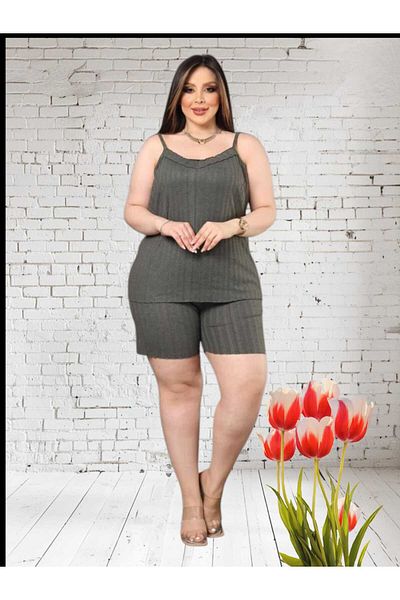 Freeista Khaki Plus Size Pajama Set with Strappy Shorts