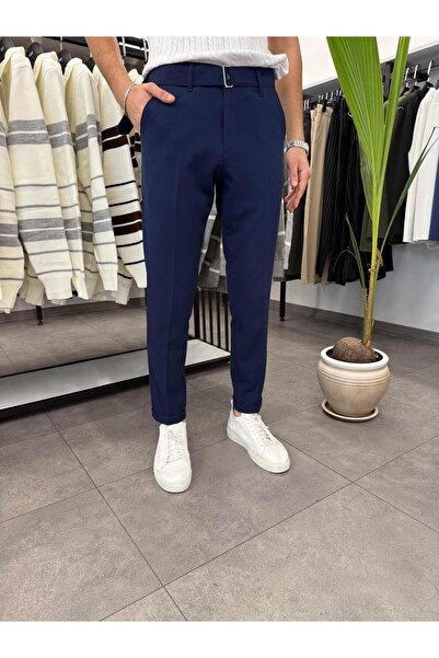 Butik Kemer Detaylı Duble Paça Kumaş Pantolon Lacivert