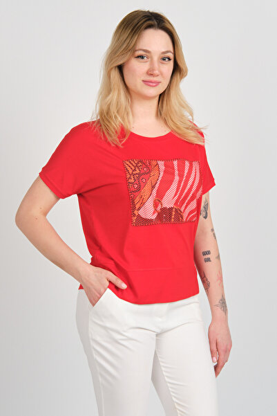 Sistas Women's Patterned and Mesh Detailed Short Front Long Back Blouse 24291 Red