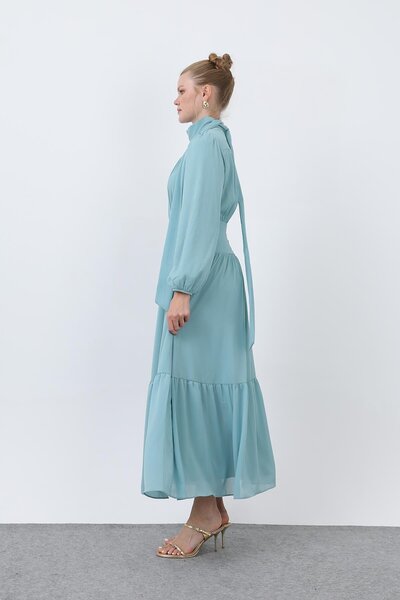 Puane Kadın Drape Detaylı Yüksek Yaka Elbise - 12613ELB - Mint