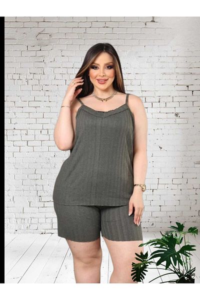 Freeista Khaki Plus Size Pajama Set with Strappy Shorts