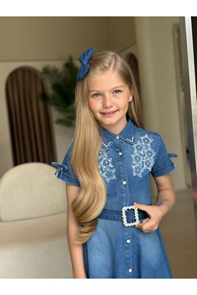 ugurbocegicocukdunyası Κοριτσίστικο φόρεμα 5 τεμαχίων με μοντέρνο σχέδιο, με λεπτομέρεια κεντήματος, κομψό και άνετο τζιν φόρεμα με ζώνη