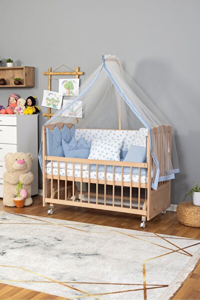 Bamgidoo Ahşap Beşik Anne Yanı Beşik Organik(Boyasız) 60x120- Mavi Nakışlı Uy...