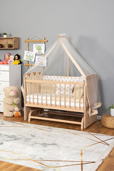 Bamgidoo Ahşap Beşik Anne Yanı Beşik Organik(Boyasız) 60x120-Krem Nakış(Yazıs...