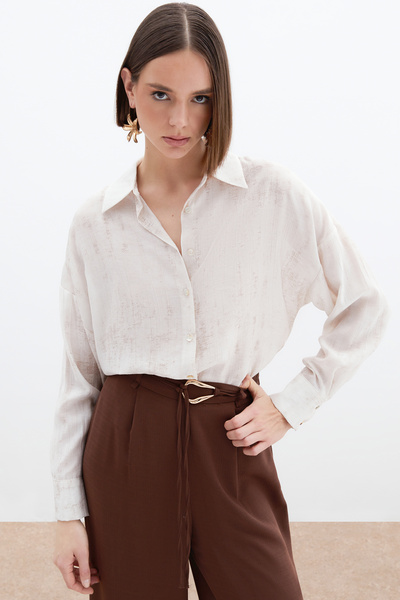 Sateen Desenli İnce Salaş Gömlek - Taş