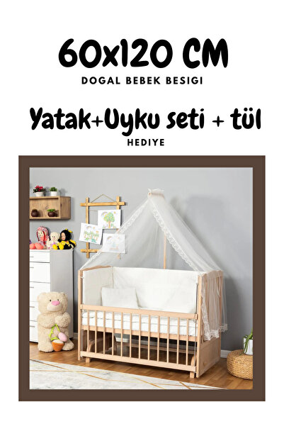 Bamgidoo 60x120 Bebek Beşik Boyasız Doğal Ahşap Anne Yanı Beşik – Güpürlü Organik Uyku Seti Ve Yatak Dahil