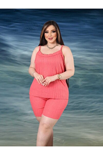 Freeista Pomegranate Flower Large Size Pajama Set with Suspender Shorts