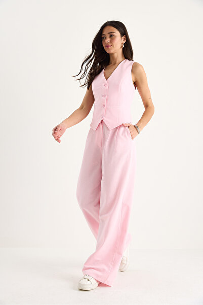 Bianco Lucci Γυναικείο λινό γιλέκο με ψηλόμεσο παντελόνι κάτω-πάνω κοστούμι 9257 60281047