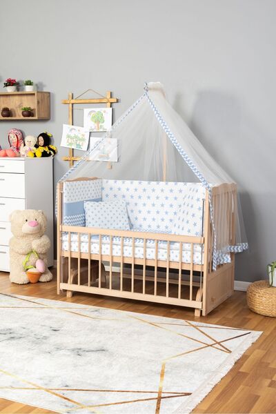 Bamgidoo Ahşap Beşik Anne Yanı Beşik Organik(Boyasız) 60x120-Mavi Yıldız Tek ...