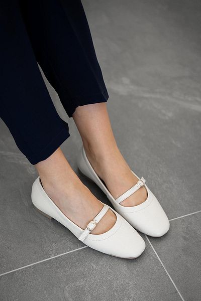Parponi Pepe Women's Buckle Genuine Leather Ballerinas Ecru
