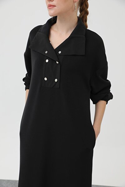 Puane Kadın Çıtçıt Detaylı Elbise - 12593ELB - BLACK