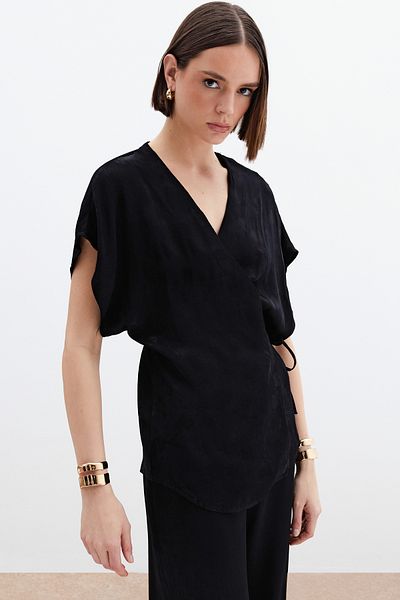 Sateen Bluză din satin jacquard cu cravată - neagră