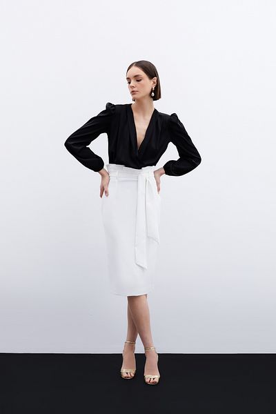 Sateen Belted Pencil Skirt - Ecru