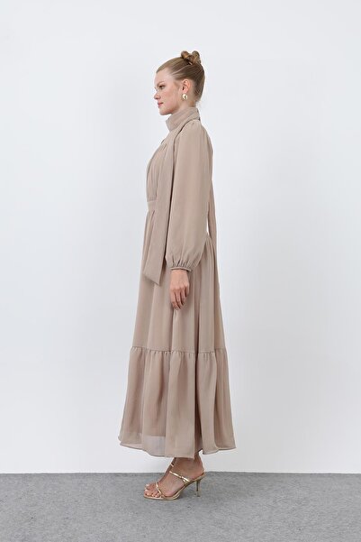Puane Γυναικείο φόρεμα με λεπτομέρεια με ψηλό γιακά - 12613ELB - Μπεζ