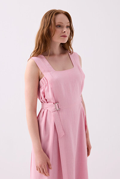 Jus De Pommes PEMBE KARE YAKA KALIN ASKILI UZUN ELBİSE