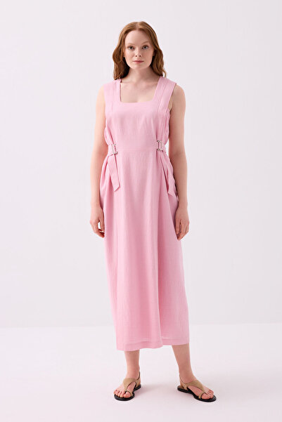 Jus De Pommes PEMBE KARE YAKA KALIN ASKILI UZUN ELBİSE