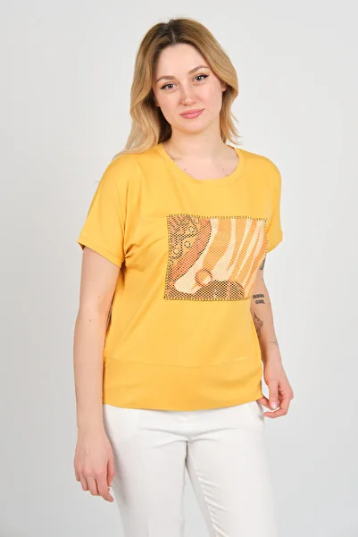 Sistas Women's Patterned and Mesh Detailed Short Front Long Back Blouse 24291 Yellow