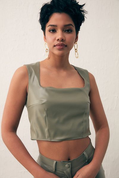 Sateen Square Collar Leather Crop Blouse - Green