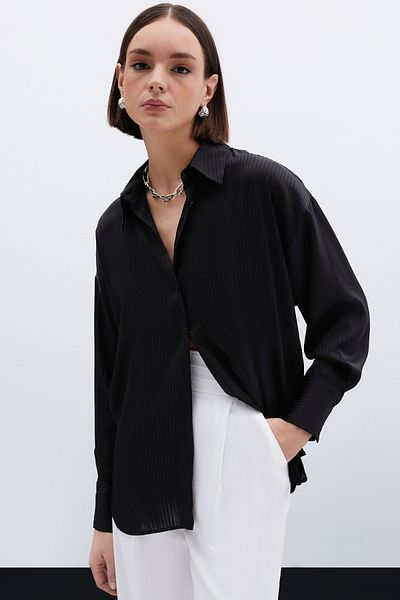 Sateen Cămașă cu model linie - neagră