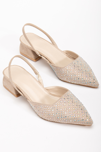 bakacstore Γυναικεία Μπεζ Σουέντ Πέτρα Λεπτομερή Ανοιχτή Πλάτη Παπούτσια με Μυτερή Μύτη