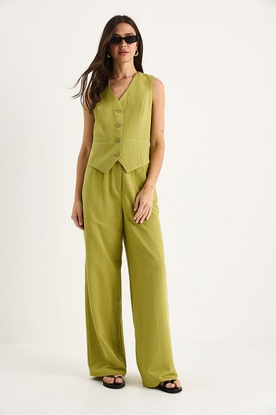 Bianco Lucci Women Linen Vest High Waist Pants Suit Bottom-Top 9257 60281047