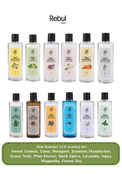 Rebul 250 ml Cam Kolonya 12’li Set | Sweet Lemon, Lime, Jasmine, Pine, Dark S...