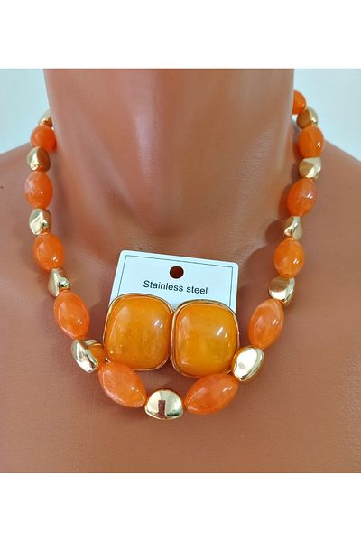 mos&more Orange Beaded Women's Necklace Earring Set